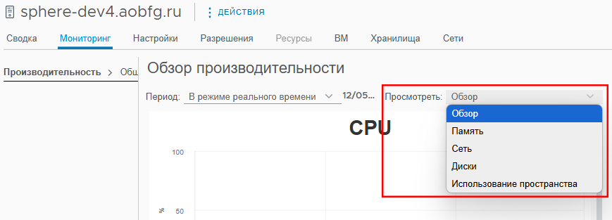 Выбор ресурса для отображения производительности